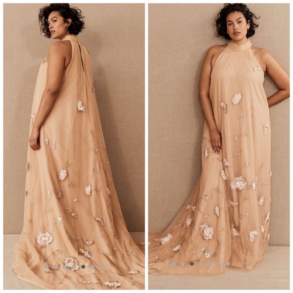 NWOT Anthropologie BHLDN Cordelia Embroidery Beige Pink Maxi Dress Gown Sz 4 - Picture 2 of 13